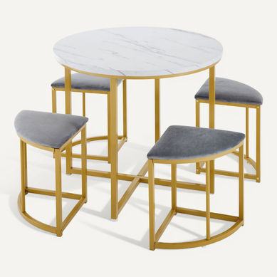 Ensemble Salle à Manger Rond 80 Cm En Mdf Blanc Et Métal Doré, 4 Chaises Velours Gris Ensemble Salle à Manger Rond 80 Cm En Mdf Blanc Et Métal Doré, 4 Chaises Velours Gris