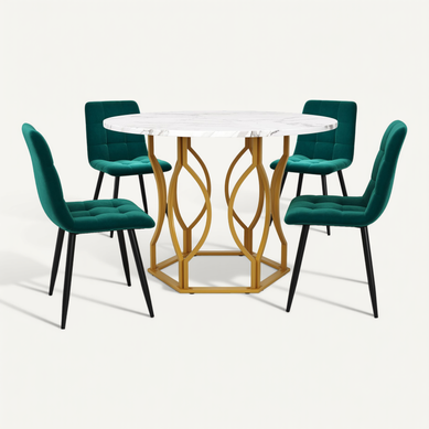 Ensemble Repas 5 Pièces : Table Ronde 100 Cm Motif Marbre (mdf) Et 4 Chaises Velours Vert Ensemble Repas 5 Pièces : Table Ronde 100 Cm Motif Marbre (mdf) Et 4 Chaises Velours Vert