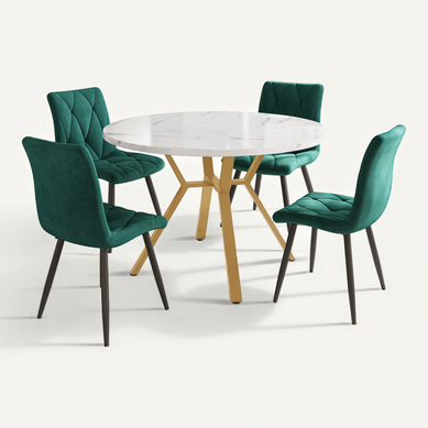 Table Ronde 100 Cm En Mdf Effet Marbre, Pieds Métal Doré, 4 Chaises Velours Vert Moderne Table Ronde 100 Cm En Mdf Effet Marbre, Pieds Métal Doré, 4 Chaises Velours Vert Moderne