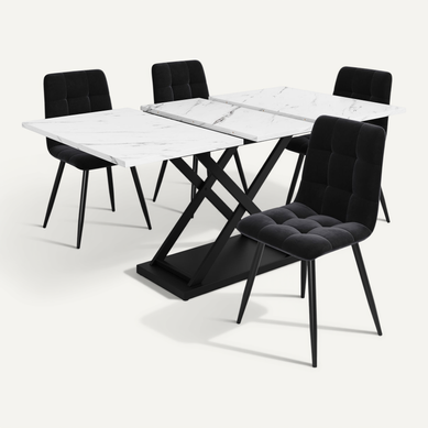 Ensemble Table Extensible 120-160x80x75 Cm Blanc Marbré Et 4 Chaises Velours Noir, Design Ensemble Table Extensible 120-160x80x75 Cm Blanc Marbré Et 4 Chaises Velours Noir, Design