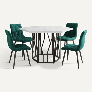 Ensemble Table Hexagonale 115,5x100 Cm + 4 Chaises Velours Vert, Piétement Acier Noir Ensemble Table Hexagonale 115,5x100 Cm + 4 Chaises Velours Vert, Piétement Acier Noir