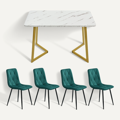 Ensemble Table à Manger 117x68 Cm: Table Mdf Marbre + 4 Chaises Velours Vert, Pieds Métal Doré Ensemble Table à Manger 117x68 Cm: Table Mdf Marbre + 4 Chaises Velours Vert, Pieds Métal Doré