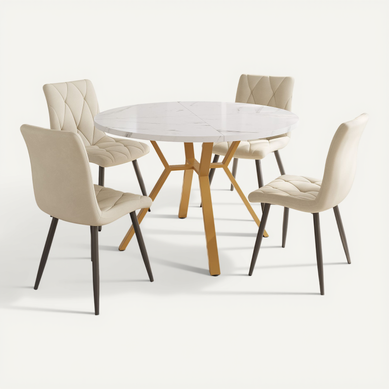 Ensemble Repas Rond 5 Pièces 100 Cm En Mdf Effet Marbre Pieds Métal Doré, 4 Chaises Velours Vert Ensemble Repas Rond 5 Pièces 100 Cm En Mdf Effet Marbre Pieds Métal Doré, 4 Chaises Velours Vert