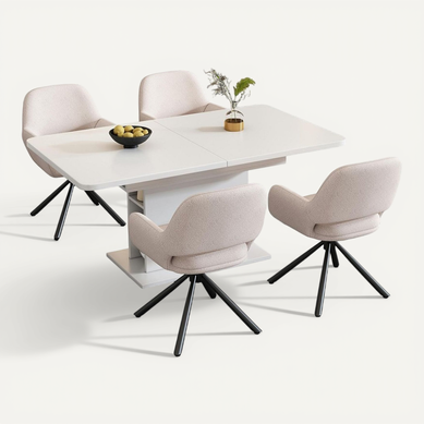 Ensemble Table Extensible Télescopique + 4 Chaises Sherpa Blanc, Rangement Central Ensemble Table Extensible Télescopique + 4 Chaises Sherpa Blanc, Rangement Central