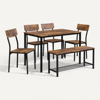 Ensemble Repas 6 Pièces 1 Table 4 Chaises 1 Banc En Mdf Brun, Cadre Acier Noir Style Industriel Ensemble Repas 6 Pièces 1 Table 4 Chaises 1 Banc En Mdf Brun, Cadre Acier Noir Style Industriel