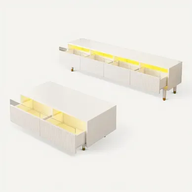 Ensemble Meuble TV 4 Portes Et Table Basse 2 Tiroirs Blanc-or, LED 7 Couleurs, Mdf élégant