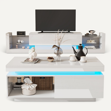 Ensemble Meuble TV 181x38 Cm + Table Basse 100x50x40,3 Cm Blanc Laqué Avec LED, Design épuré