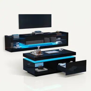 Ensemble Meuble TV 181x38x38 Cm + Table Basse 100x50x40,3 Cm Noir Laqué, éclairage LED Intégré