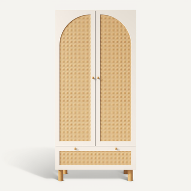 Armoire 180,5x85,5x52 Cm Blanche Style Campagne Avec Rattan Jaune Et Grand Tiroir