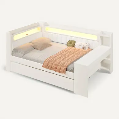 Lit Double 140x200 Cm Avec Lit Gigogne Et Bureau Intégré Blanc