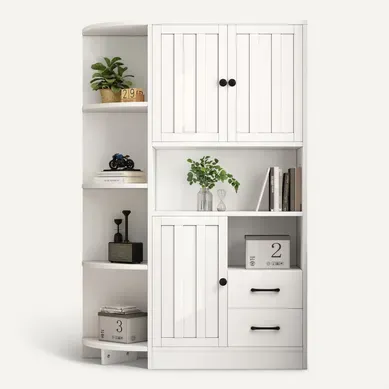 Meuble D'angle 104 X 35 X 155 Cm En Panneau Blanc — 3 Portes, 2 Tiroirs, 6 Niches, 14 Espaces