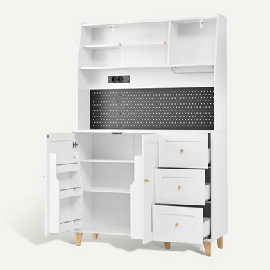 buffet de cuisine 120x40x184 Cm Avec Prises Intégrées Et Panneau Perforé Blanc buffet de cuisine 120x40x184 Cm Avec Prises Intégrées Et Panneau Perforé Blanc