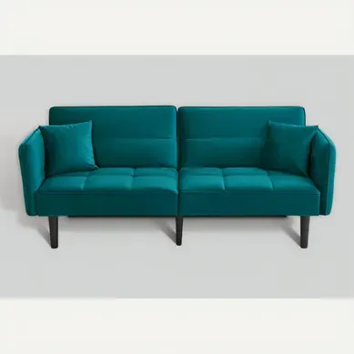 Canapé 2 Places Convertible Velours Bleu-Vert Dossiers 3 Pos. Accoudoirs Pliants