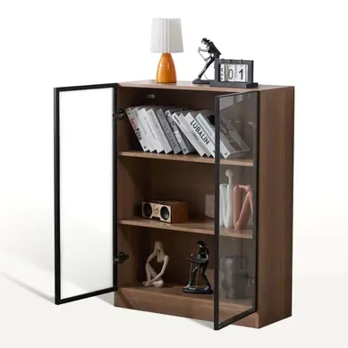 Vitrine En Verre 80 Cm Avec éclairage LED Et Portes En Cadre Aluminium Finition Noyer Naturel Vitrine En Verre 80 Cm Avec éclairage LED Et Portes En Cadre Aluminium Finition Noyer Naturel