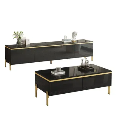 Ensemble Meuble TV Et Table Basse Noir Avec Rangements Finition Brillante