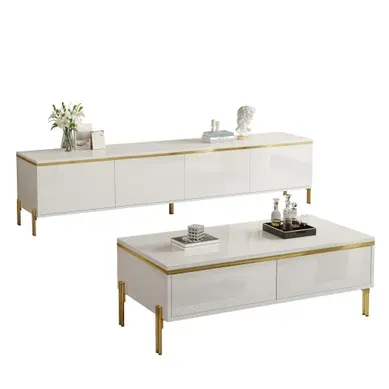 Ensemble Meuble TV Et Table Basse Blanc Brillant Avec Rangements Pour Salon