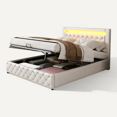 Lit Coffre 140x190 Cm Avec Sommier Relevable Tête De Lit LED En Pu Blanc Lit Coffre 140x190 Cm Avec Sommier Relevable Tête De Lit LED En Pu Blanc