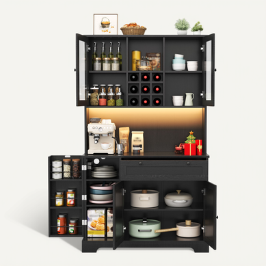 buffet de cuisine 180 X 105 X 40 Cm Avec Éclairage LED Et Prise Intégrée Noir buffet de cuisine 180 X 105 X 40 Cm Avec Éclairage LED Et Prise Intégrée Noir