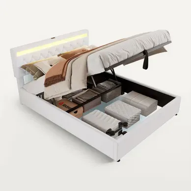 Lit Coffre 160x200 Cm En Lin Blanc, LED D'ambiance Multicolore Et Ports USB/type-c Lit Coffre 160x200 Cm En Lin Blanc, LED D'ambiance Multicolore Et Ports USB/type-c