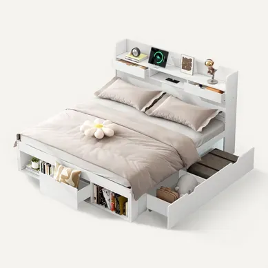 Lit Double 140x190 Cm Avec Rangement Et Ports USB Intégrés