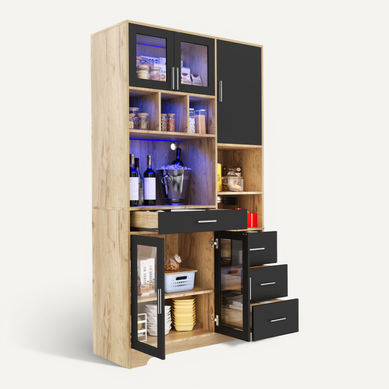 Buffet 185 X 100 X 40 Cm Avec Portes En Verre Trempé Et LED Noire/naturel Buffet 185 X 100 X 40 Cm Avec Portes En Verre Trempé Et LED Noire/naturel