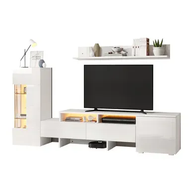 Ensemble TV 3 Pièces Avec éclairage LED Et Façades Brillantes Blanches