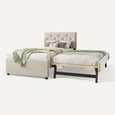 Lit Simple 90x200 Cm Avec Lit Gigogne Sur Roulettes Tissu Velours Beige Lit Simple 90x200 Cm Avec Lit Gigogne Sur Roulettes Tissu Velours Beige