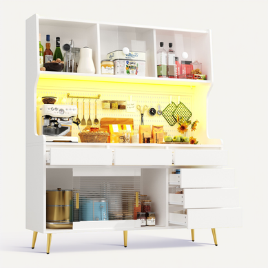 buffet de cuisine 145x39x171 Cm Avec Portes Coulissantes En Verre Strié Blanc buffet de cuisine 145x39x171 Cm Avec Portes Coulissantes En Verre Strié Blanc