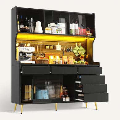 buffet de cuisine 145x39x171 Cm Avec Éclairage LED Pilotable Et Portes Coulissantes Noir buffet de cuisine 145x39x171 Cm Avec Éclairage LED Pilotable Et Portes Coulissantes Noir