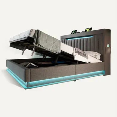 Lit Coffre 140x190 Cm Avec Rangement Et LED Tissu Gris Lit Coffre 140x190 Cm Avec Rangement Et LED Tissu Gris