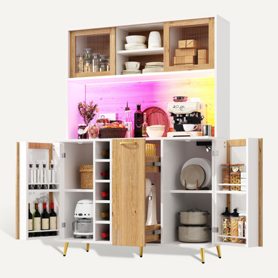 Buffet Blanc Et Décor Bois 120 X 40 X 170 Cm Avec LED Et Rangement Buffet Blanc Et Décor Bois 120 X 40 X 170 Cm Avec LED Et Rangement