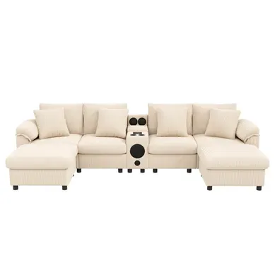 Canapé Compressé Modulaire Beige 315,5 X 144 Cm Avec Console Multimédia Canapé Compressé Modulaire Beige 315,5 X 144 Cm Avec Console Multimédia