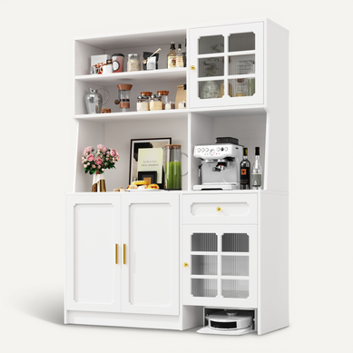 Buffet de Cuisine Blanc 130x45x180cm LED–Meuble cuisine gain de place avec rangement multifonction Buffet de Cuisine Blanc 130x45x180cm LED–Meuble cuisine gain de place avec rangement multifonction