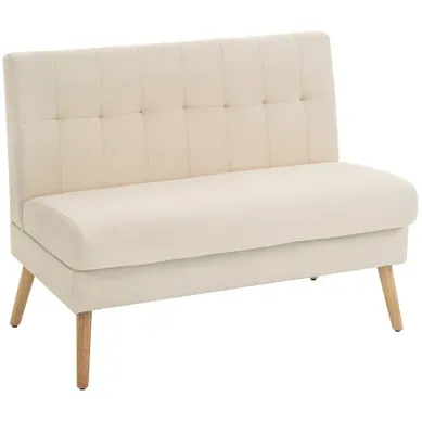 Canapé 2 Places Compact 118 X 68 X 90 Cm Pour Petits Espaces Dossier Capitonné Pieds Bois Beige