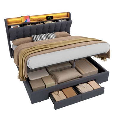 Lit Coffre 180×200 En Velours Gris Foncé, LED, USB, Tête De Lit Rangement, 2 Tiroirs Lit Coffre 180×200 En Velours Gris Foncé, LED, USB, Tête De Lit Rangement, 2 Tiroirs
