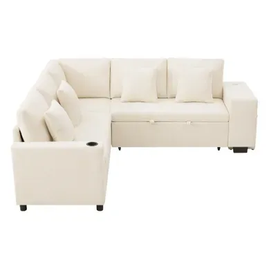 Canapé D'angle Convertible Beige 220 X 205 Cm Avec Méridienne Réversible
