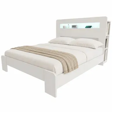 Lit Plateforme 140x200 Cm Blanc Avec Tête De Lit Rangement Intégré LED Et Prises Lit Plateforme 140x200 Cm Blanc Avec Tête De Lit Rangement Intégré LED Et Prises