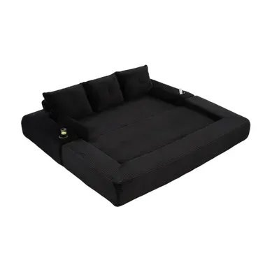 Canapé Compressé 3 Places Convertible Avec Poches Et Porte-gobelet 232x98 Cm Noir Tissu Côtelé