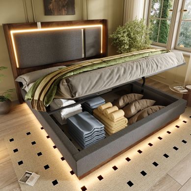 Lit 180x200 Gris Et Noyer Avec LED Et Rangement Pour Chambre Lit 180x200 Gris Et Noyer Avec LED Et Rangement Pour Chambre