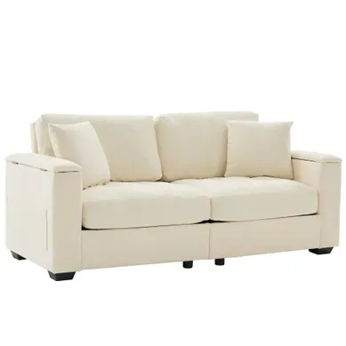 Canapé 2 Places Rangement 180 Cm Accoudoirs Coffre Poches Latérales Chenille Beige Avec 2 Coussins Canapé 2 Places Rangement 180 Cm Accoudoirs Coffre Poches Latérales Chenille Beige Avec 2 Coussins