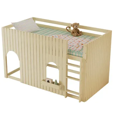 Hochbett 90x200 Avec LED Et Rangement Sous Lit, 2 Colis, Naturel