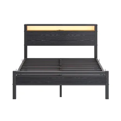 Lit Coffre 140x190 Avec USB-c Et LED, Rangement Tête De Lit 2 Niches, Structure Métal Noir