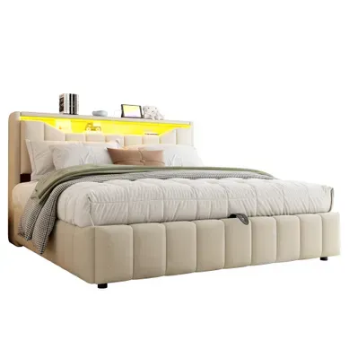 Lit Coffre Avec LED USB Et USB-c 180x200 Cm Tête De Lit Rangement Sommier Relevable Beige Tissu