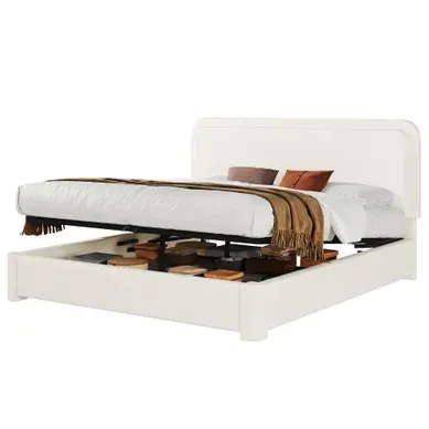 Lit Coffre 160x200 Rangement Hydraulique Tête De Lit Réglable Sommier Inclus Bouclette Blanc Double