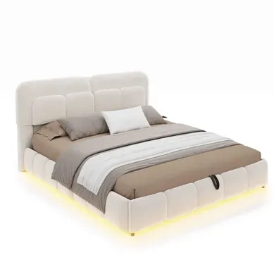 Lit Coffre LED 140x200 Double Avec Tête De Lit Capitonnée Et Sommier À Lattes En Velours Beige Clair Lit Coffre LED 140x200 Double Avec Tête De Lit Capitonnée Et Sommier À Lattes En Velours Beige Clair