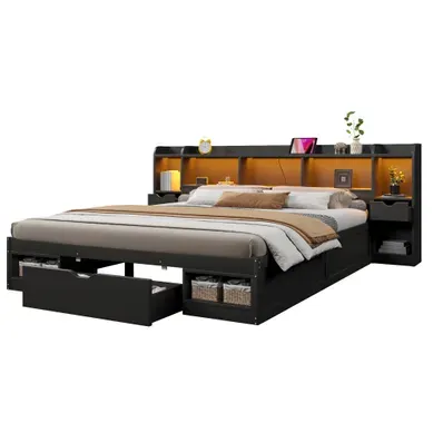 Lit Rangement LED 180x200 Avec Tête Et Pied De Lit, 3 Tiroirs, 6 Niches, Port USB Intégré Noir