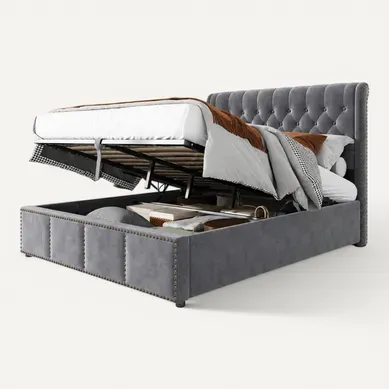 Lit Coffre 180x200 Cm, Rangement Et Tête De Lit Confortable, Velours Gris