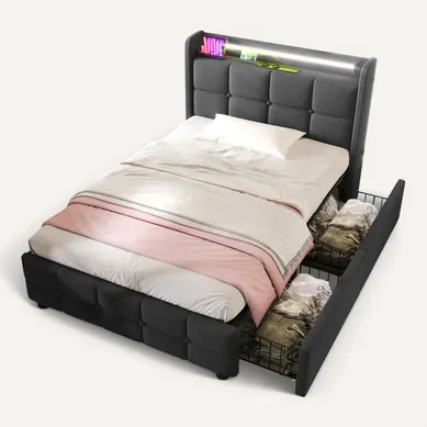 Lit Simple 90x200 Cm Avec LED Et 2 Tiroirs, Contreplaqué, Gris Lit Simple 90x200 Cm Avec LED Et 2 Tiroirs, Contreplaqué, Gris
