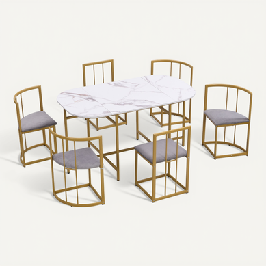 Ensemble Repas 6 Chaises Dossiers, Assises Velours Mdf Doré Ensemble Repas 6 Chaises Dossiers, Assises Velours Mdf Doré