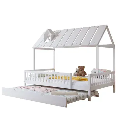 Lit Enfant 120x200 Cm Avec Lit Gigogne Et Barrière, Contreplaqué Et Mdf Blanc